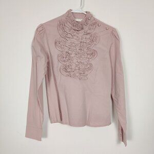 Famelin Women's Blouse Size 2 Pink Pearl Lace Mock Neck Business Casual Elegant